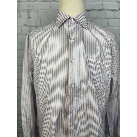 Solemare Maus Hoffman Dress Shirt Men 17/43 White,Orange,Blue Striped Button Up - Picture 4 of 8